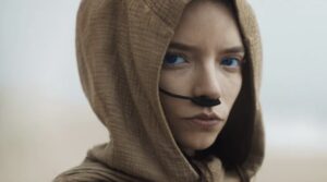 Person wearing a hooded brown cloak with blue eyes and a black oral-nasal mask, facing the camera in an outdoor setting.